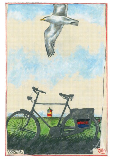 Kunstpostkarte "Ausflug" (Greetsiel, Pilsum, Fahrrad)
